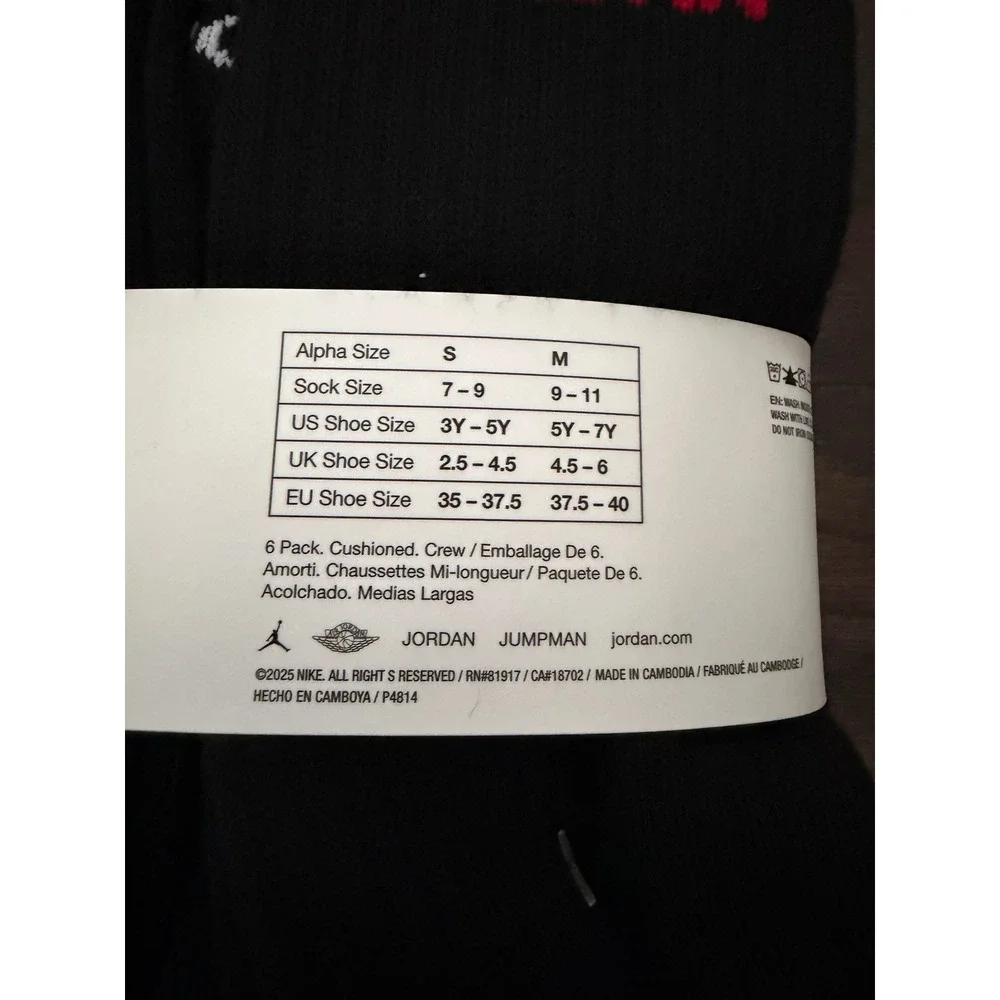 Jordan Jumpman Crew Socks 6 Pack Black Red White BJ0343-023 Size M 9-11